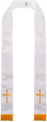 GraduatePro Klerus Stola mit Corss Figur Stickerei Quasten 229cm Unisex Chor Priester Weiß