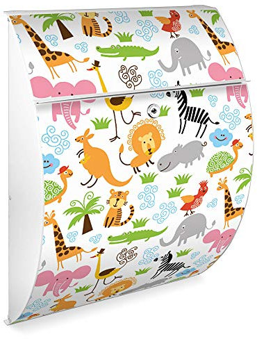 Burg Wächter Design Briefkasten| Modell Riviera 46cmx33,5cmx13cm groß| verzinkter Stahl weiß | Postkasten mit Öffnungsstopp, großer A4 Einwurf, Zylinderschloss, 2 Schlüssel Fröhliche Tiere