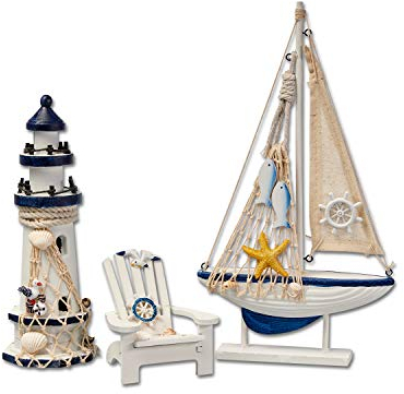 Flanacom Badezimmer Deko - 3er Set - Maritime Badezimmer Deko - Leuchtturm, Segel-Schiff und Strand-Stuhl aus Holz - Badaccessoires - Schöne Deko für das Bad - Design 1