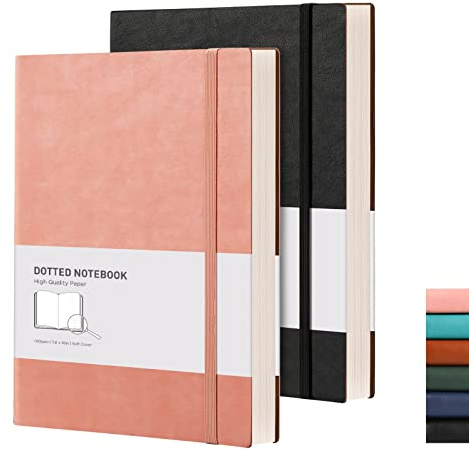RETTACY Bullet Dotted Journal, 2er-Pack, gepunktetes Notizbuch, Tagebuch mit 192 nummerierten Seiten pro Packung, Medium 19,1 x 25,4 cm, 100 g/m² dickes Papier, Leder-Softcover (Schwarz und Rosa)