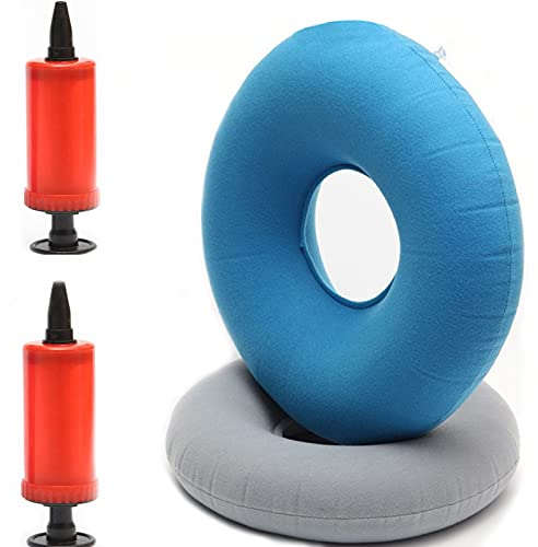 2 Stück Aufblasbares Ringkissen, Kissen mit Inflator Pumpe Aufblasbare Donut Ring Kissen, für Autositze, Rollstühle, Hämorrhoidenbehandlung, Sitzende Praxis (Grau, Blau)