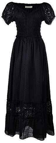 Anna-Kaci Renaissance Peasant Maiden Boho Inspired Cap Sleeve Lace Trim Dress, Black, Large