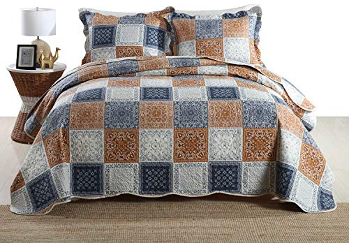 Qucover Tagesdecke 240x260cm Doppelbett Überwurfdecke Winter leicht für Schlafzimmer Patchwork-Muster Beide Seite mit Karo Muster mit 2 x Kissenbezüge 50x90cm 100% Mikrofaser