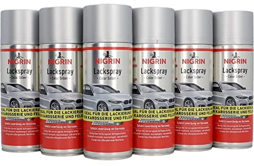 NIGRIN Lackspray, 6 x 400 ml, Autolack Silber, schützt Felgen und Karosserie vor Rost, schnell trocknend