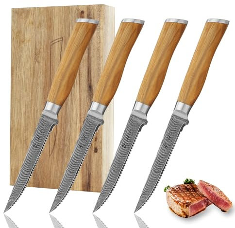 Wakoli Olive 4 teiliges Steakmesser Set I 12,5 cm Klingen gefertigt aus 67 Lagen Damaststahl mit VG10 Kern I Profi Steakbesteck Set mit Olivenholzgriff I Damastmesser Steakmesser in Holzbox