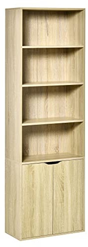 HOMCOM Estantería Librería Armario de Libros con 4 Compartimentos Abiertos y 2 Puertas para Salón Estudio Oficina Carga 80 kg 59x29x180 cm Natural