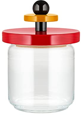 Alessi ES16/75 Küchendose aus Glas mit abgedichtetem Deckel aus Lindenholz, rot, schwarz und gelb 100 Values Collection, Steel