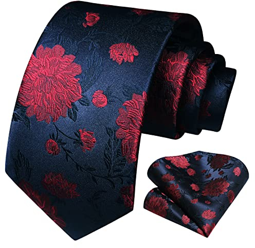 HISDERN Red & Blue Tie for Men Floral Wedding Ties Handkerchief Elegant Business Party Blossom Necktie & Pocket Square Set