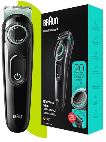 Braun Bartschneider Serie 3 Haarschneidemaschine & lebenslang scharfe Klingen, Präzisions-Zifferblatt für 20 Längeneinstellungen, britischer 2-poliger Stecker, BT3323, Schwarz, Verpackung kann