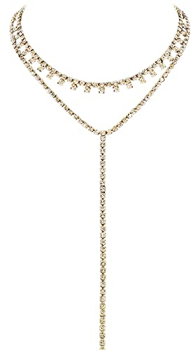 JewelryWe Glitzer Choker Halskette Damen: Gold Multi Reihen Strass Y Form Geschichtete Choker Halsband Mehrschichtige Lange Kette mit Anhänger Luxus Party Schmuck Geschenk für Frauen Mädchen