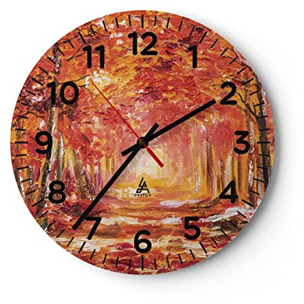 Modern Wanduhr Herbst Wald Rot 40x40cm Rund Groß Wand Uhr Glas Analog Zimmeruhren Küche Büro Wohnzimmer Glasuhr Wall Clock Dekoration Design Wanddekoration Küchenuhr C4AR40x40-4238
