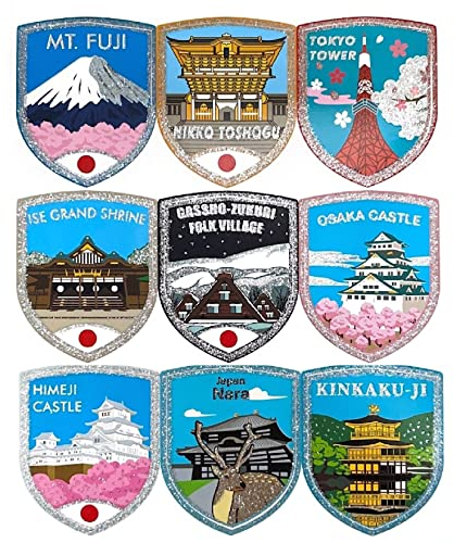 A-ONE Japan Cities Landmarks Glimmer Silver Home Country Stickers 9 PCS + Japanese Cat Mask Scenery Emblem 1 PC, Craft Delicate Label for Cabinet, Home Decoration SS8+NO.195