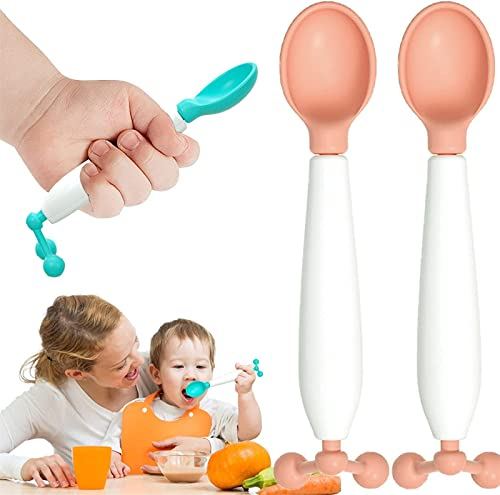 Cuillère pour enfants, cuillères pour tout-petits à changement de couleur rotative à 360 °, cuillère à détection de température pour enfants, cuillère rotative à gravité avec poignée antidérapante