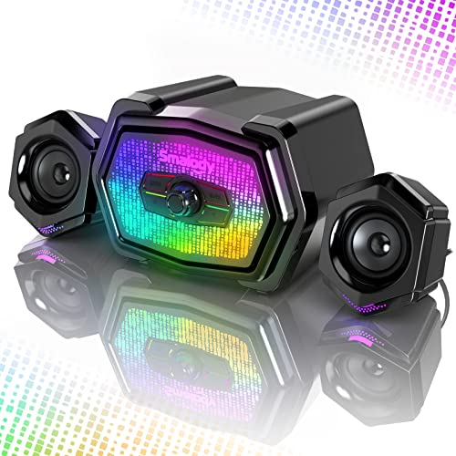 PC-Lautsprecher mit Subwoofer, USB-betriebenes Mini-2.1-PC-Stereo-Multimedia-Lautsprechersystem mit RGB-Gaming-LED-Leuchten für Desktop-Computer, Laptop-Monitor, Tablets, Musik-Player