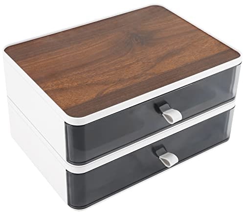 BELLE VOUS Wood Effect Desk Organiser with 2 Black Drawers - PP Plastic Storage Caddy Box - Desktop Storage Holder for Office Supplies, Stationery, Pen/Pencils, Cosmetics & Home Essentials