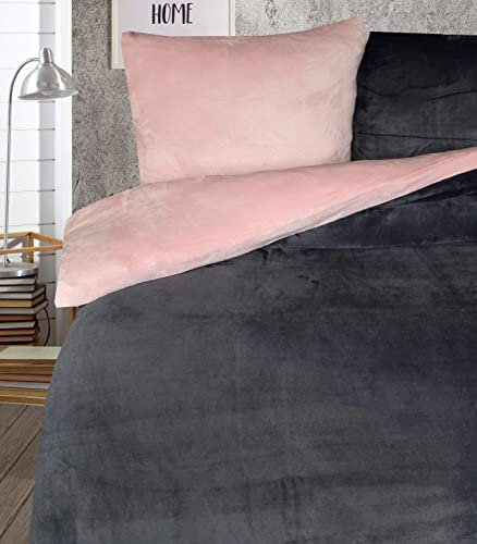 Leonado Vicenti Teddy Plüsch Bettwäsche 155 x 200 cm 2 TLG kuschelig warme Winter Flausch Cashmere Touch Wendebettwäsche Rosa Anthrazit