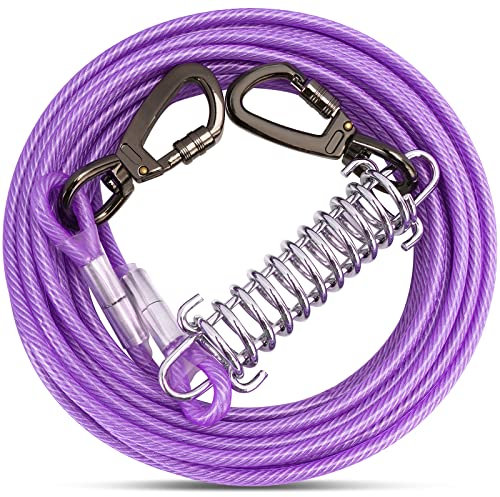 Cable de amarre morado para perros con gancho giratorio de resorte, cadenas de perro resistentes para exteriores, correas de cable para patio, camping, para perros de hasta 500 libras (3 m)