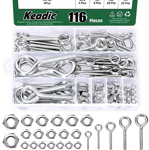 Keadic Lot de 58 boulons à œil de 6 tailles avec assortiment d'écrous M5 M6 M8 M10 en acier inoxydable de qualité marine - Anneaux de levage filetés pour suspendre des rideaux, cordes à linge,