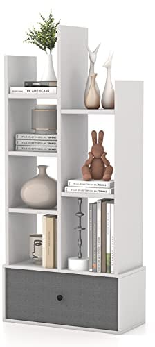 COSTWAY Tree Bookshelf, 7/12-Tier Wooden Bookcase Storage Shelving Unit with Folding Drawer, Freestanding Magazine Book Display Rack for Home Office Living Room (White with 1 Drawer, 7-Tier)
