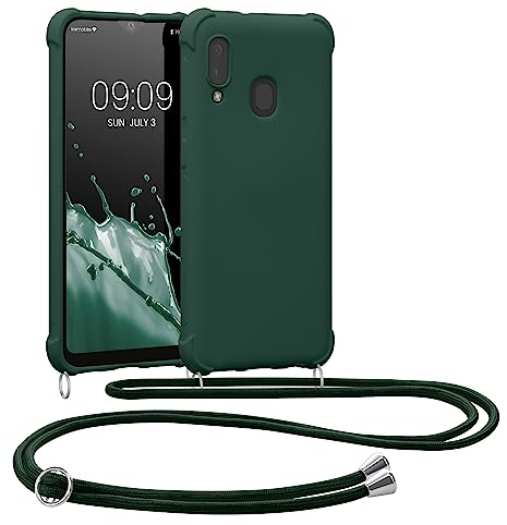 kwmobile Necklace Case kompatibel mit Samsung Galaxy A20e Hülle - Cover mit Kordel zum Umhängen - Silikon Schutzhülle Dunkelgrün