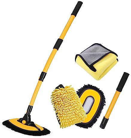 NEZENO Spazzola per lavaggio auto con manico lungo in microfibra di ciniglia, 145 cm, kit per lavaggio auto, camper, camion, barca (giallo)