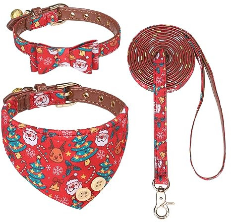 EXPAWLORER Weihnachts-Hundehalsband und Leine, verstellbare Halsbänder mit Fliege, Bandana und Glocke für kleine, mittelgroße und große Hunde und Katzen, verhedderungsfreie Leine, perfekt für