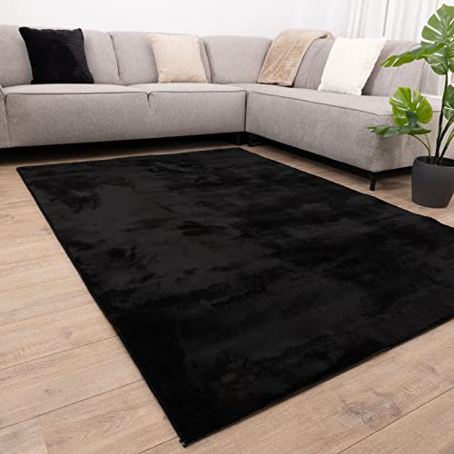 Omid Carpets Teppich Weicher Waschbarer Flachflorteppich mit Rutschfester Unterseite Omid Soft Comfort Waschbar bei 30° - Modern - Wohnzimmer - Salon - Schlafzimmer - Esszimmer (Schwarz, 80x150cm)