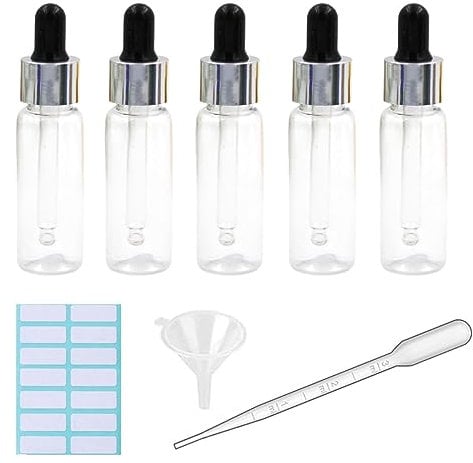 5Pcs Transparent Dropper Bottle 20ML Plastic Eye Dropper Bottles for Essential Oil Pipette Refillable - with Measured Pipette, Funnel and Labels (Black + Silver Cap)