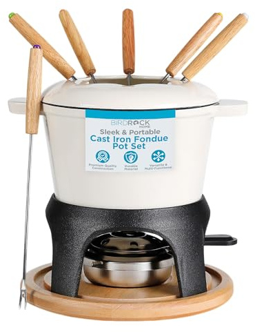 BIRDROCK HOME 16 pc Cast Iron Fondue Pot Set for Chocolate, Cheese, Meat | Ceramic Pot | 8 Fondue Forks | Chrome Burner | Cream