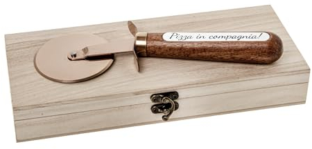 PuntoCasaStore BRONZE TAGLIAPIZZA LEGNO PIZZA IN COMPAGNIA 20 CM CON SCATOLA WOOD BOX BOMBONIERA IDEA REGALO