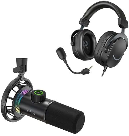 FIFINE Gaming Headset mit Podcast Mikrofon PC, Dynamische Microphone und Over Ear Kopfhörer mit Kabel, USB Headphone mit 7.1 Surround Sound für PS4 PS5 Xbox Switch (K658+H9)