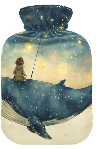 Wärmflasche mit Bezug, süßes Mädchen im Sternenhimmel, Wal, weich, warm, für Winter, Bett, Hand, Hals und Schultern, 2 l