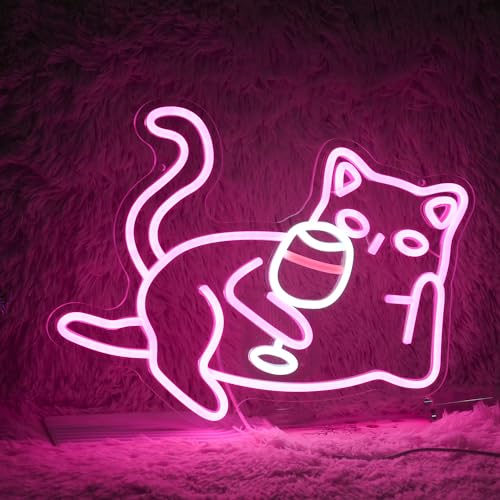 Cat Wine Glasses Neon Sign Dimmable LED Light Pink Cat For Wall Decoration Cocktail Neon Lights Powered By USB Light Up Signs For Bar Decor Living Room Cat cafe Art Dinning Room Cat Lover Gift