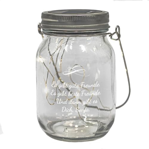Solarglas für Außen mit Gravur | Solarlampe im Einmachglas mit Personalisierung | Warmweiße Balkondeko Gartendeko | Gartenleuchte wetterfest | Sonnenlampe graviert mit Wunschtext und Ornament