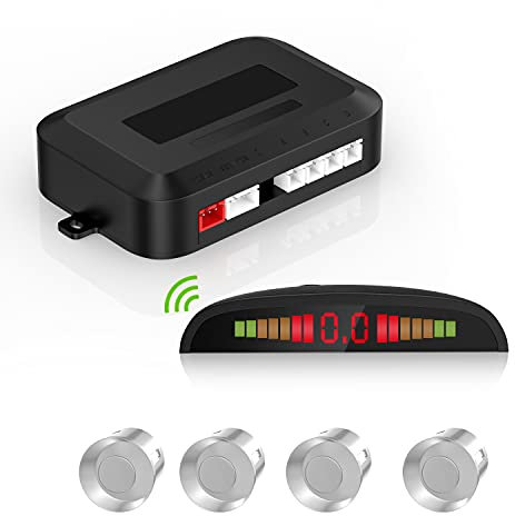 Kit di assistenza al parcheggio senza fili, sistema di retromarcia con 4 sensori PDC, display della distanza LED senza fili con avviso sonoro + 4 sensori argentati al parcheggio posteriore