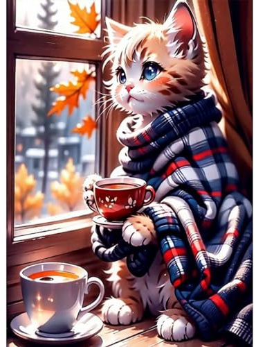 TOSTOG 5D Diamond Painting für Erwachsene,Katze und Kaffee Diamant Painting Kits Bilder,Diamant Malerei DIY Diamond Painting Bilder Set 30x40cm für Wanddekor