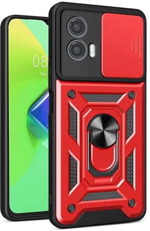JIAFEI Funda para Motorola Edge 50 Fusion, Militar TPU+PC Bumper Antigolpes Carcasa Rugged Caso, con Tapa Deslizante Proteger y Anillo Soporte, Rojo
