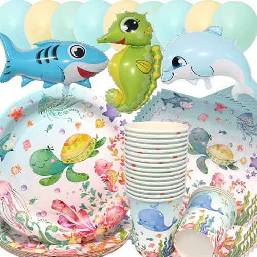 Vajilla de Cumpleaños de Animales del Océano,Doyomtoy 75 piezas Decoración de Mesa de Cumpleaños Globos de Océano Platos Cumpleaños Servilletas Vasos para Fiesta de Cumpleaños para Niños