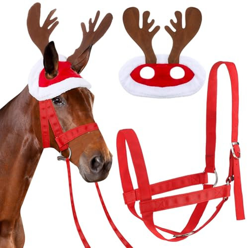 Dansydaisy 2-teiliges Weihnachtspferd-Zubehör, Weihnachtspferd-Geweih, Hut und Rentier, Urlaubspferd-Halfter-Set für Urlaubspferd, Kostümzubehör