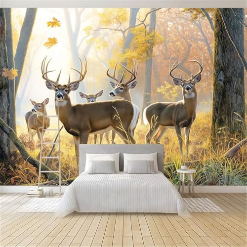 Herbstwald Fototapete Weißschwanz Hirsch Herde im Wald 200x140 cm Premium Vlies Kunstdruck Vlies Wandbild Dekoration Poster Bild Wildlife Szene