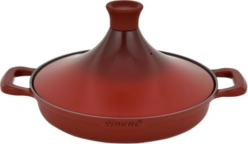 Cuisson Tajine Safran 30 cm - Antiadhésif - Sans PFOA - Convient pour Toutes les plaques de cuisson - Rouge avec gants de four et feutre