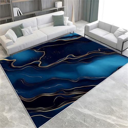Srigzcaly Kurzflor Rechteck Teppich Wohnzimmer 160x230cm Goldene Linien Blaue Marmorstruktur Waschbarer Teppich für Mädchen Junge Schlafzimmer, Dunkelblau Kinderzimmer Flauschig rutschfest Teppiche