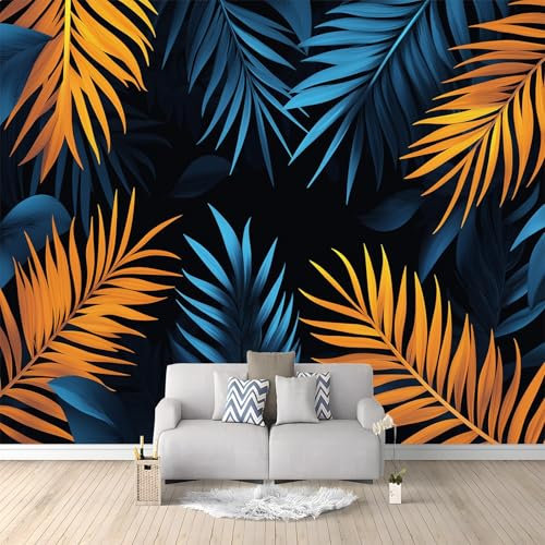 Papier Peint intissé Feuilles De Palmier Abstraites Bleu Orange 350x256 cm Papier Peint Photo Panoramique, Poster Geant Mural Personnalisé 3D, pour Salon Cuisines Chambre Adulte Enfant Décor Murale