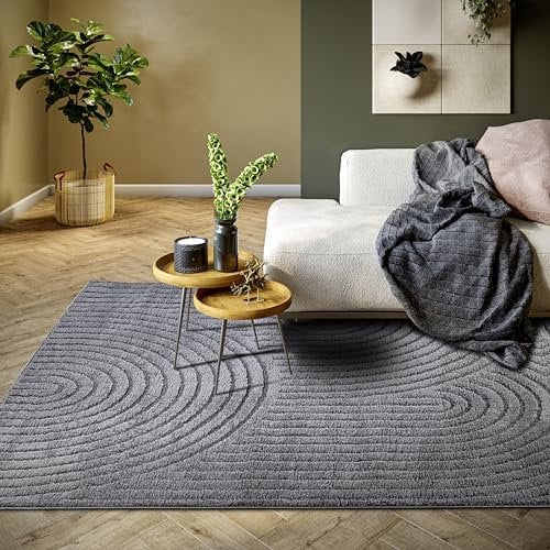 ELLE Decoration Panglao moderner Kurzflor Teppich - Wohnzimmerteppich Flauschig – Hoch-Tief Effekt Skandi Boho Geometrisch Wellen, Bogen - für Wohnzimmer, Schlafzimmer, Küche - Anthrazit, 120x170cm