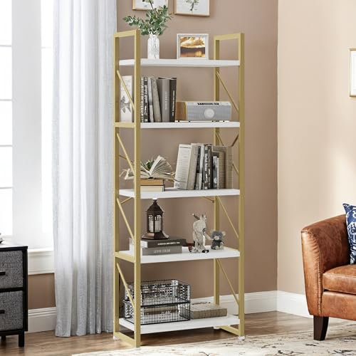 YITAHOME Bücherregal, Standregal mit 5 Ebenen, Hohes Lagerregal mit Metallrahmen, Industrielles Ausstellungsregal, Regaleinheiten, für Wohnzimmer, Schlafzimmer, Homeoffice, Küche, Gold Regal