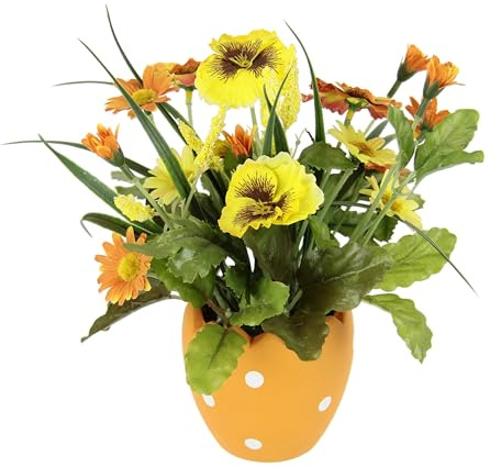 Kunstblumen Stiefmütterchen Margeriten im Topf Ei 22cm Ostergesteck Osterdeko Oster-Ei Tischdeko Deko Ostern Künstlich Frühlingsblume Unechte Blumen Frühjahrsdeko mini Blumen, gelb/orange
