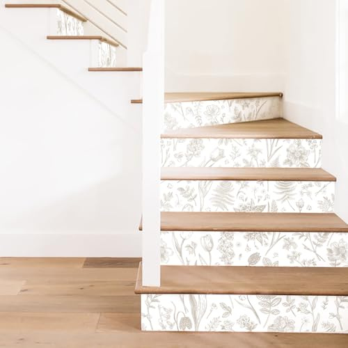 Neukids 15Pcs 100x18cm White Stair Sticker Plain Flowers Pattern, Self Adhesive Stair Riser Decals, Kitchen Bedroom Tile Sticker, Stair Fireplace Furniture Decoration