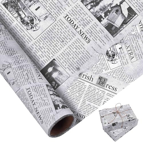 Larcenciel Papel de Seda en Rollo, 10M x 43CM Papel Seda para Envolver de Periódico Vintage, Embalaje Regalo Negro Blanco con Diseño de Noticias Británicas para Boda Cumpleaño Fiesta Manualidade DIY