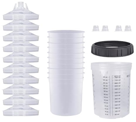 Lackbecher - 10 Stück Pneumatische Sprühfarbe Einwegbecher Mit 10 Deckel, 1 Dichtungsstopfen Und 4 Stopper, Transparent Lack Mixing Cup Kit Für Auto, Kunstprojekte - 810 Ml