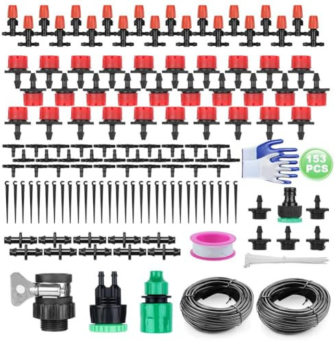 152PCS Sistema de Riego, 30m Kit Riego Automático Sistema de Riego, Riego Por Goteo con Ajustable Boquilla Aspersor Pulverizador, Para Jardin Invernadero Césped Patio Terraza